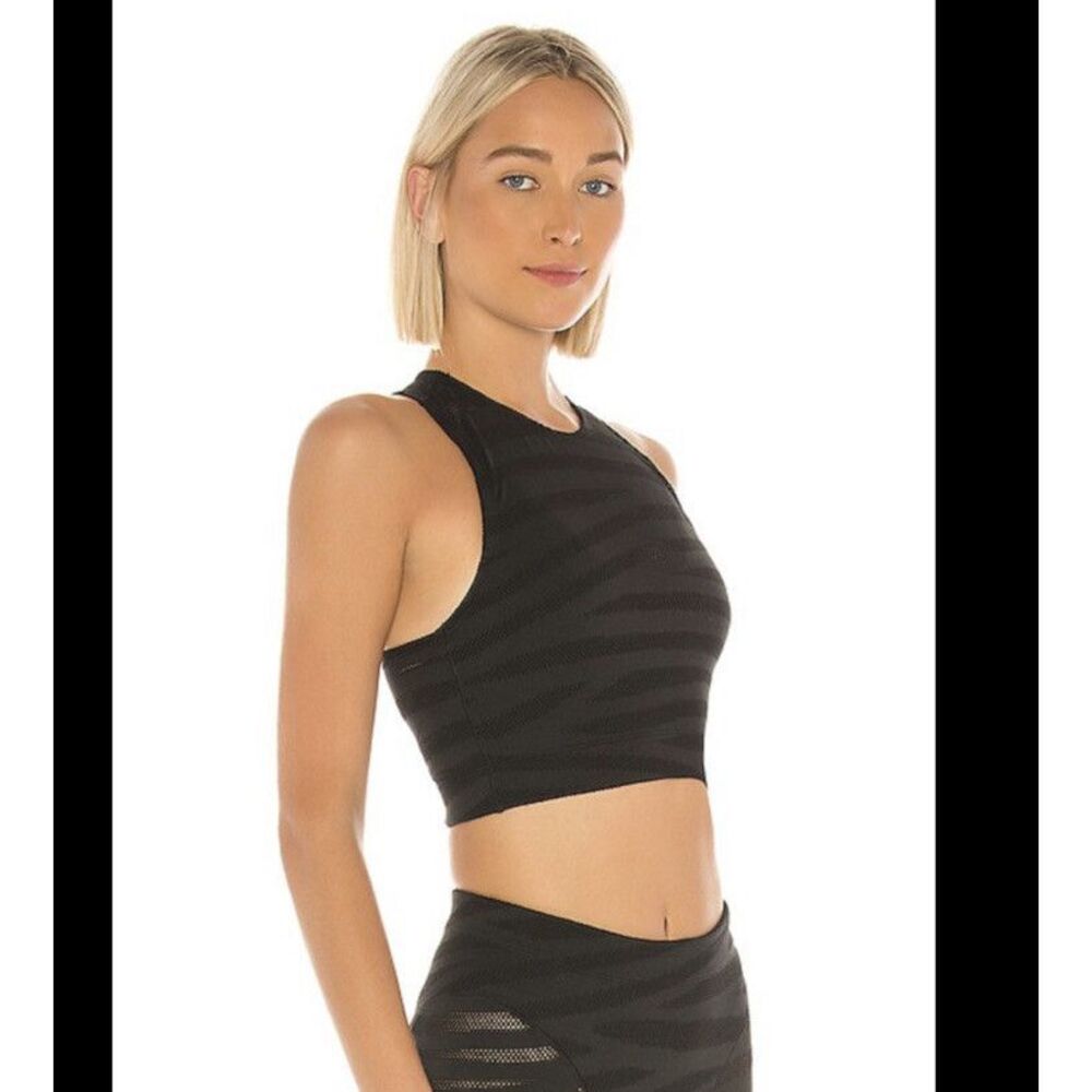 Adam Selman Sport XS Perforated Stripe Black Mesh Racer Crop Top💖
